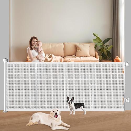 Pawtners Retractable Baby Gates Extra Wide, 41 Tall Extends up to 71 Wide, Dog Gate Indoor with for Stairs, Pet Gate with Support Rods for Doorways Hallways Indoor & Outdoor-White
