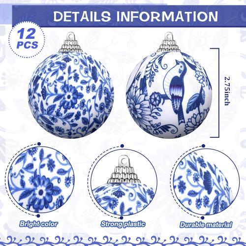 Preboun 12 Pcs Christmas Chinoiserie Ball Ornaments Blue and White Chinoiserie Tree Decoration Christmas Tree Hanging Ornaments Fabric Wrapped Home Xmas Decor for Modern Party (Blue,2.76 Inch)