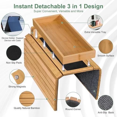 Joy&Grace Couch Arm Tray, 3-in-1 Magnetic Detachable Sofa Arm Table with Phone and Tablet Holder Bamboo Couch Cup Holder, Foldable Sofa Armrest Tray for Eating, Drinks, Phones (Natural)