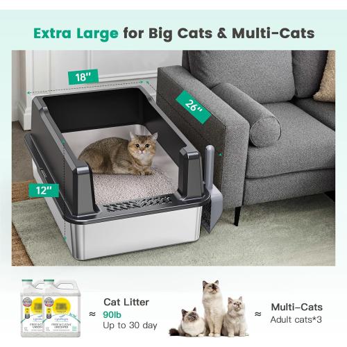 Tripamin XXL Stainless Steel Litter Box with High Sides 26x18x12 Extra Large Metal Litter Box for Big Cats & Multiple cat, Jumbo Top Entry Litter Pan with lid (Black, XX-Large)