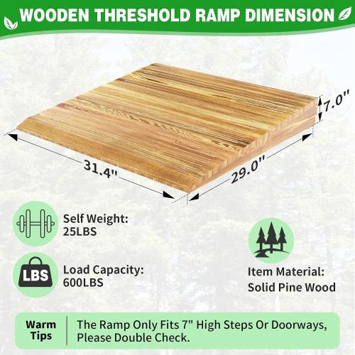 Wooden Threshold Ramp for Home Steps, 7 Rise Doorway Ramp with Non-Slip Grooves, Door Ramp for Wheelchair/Walker/Cart/Scooter, (31.4 W*7.0 H, Solid Pine Wood, 600LBS Capacity)