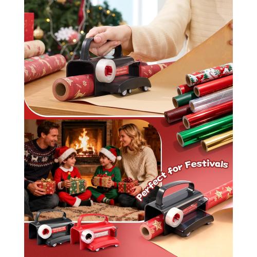 2-Pack Wrapping Paper Cutter with Wheels & Tape Dispenser - Gift Wrap Tool Kit with Replaceable Blades for Christmas, Birthday - Safe, Efficient, and Precise Cutting