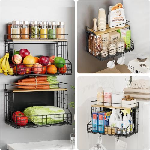Magnetic Shelf for Fridge, Large Container Magnetic Spice Rack for Refrigerator, Fruit Potato and Onion Storage Bins, Magnetic Basket with Wood Lid, Kitchen Counter, Cabinet