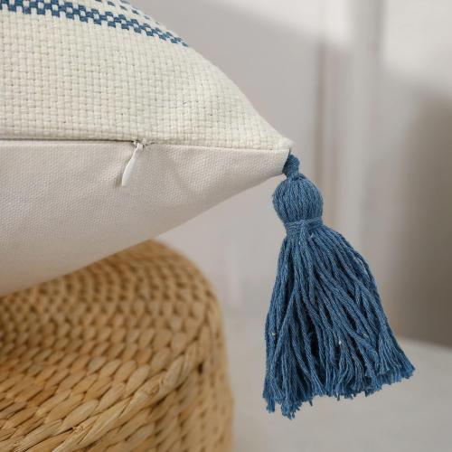 PANOD Set of 2 Boho Cotton Knitted Decorative Throw Pillow Covers with Tassel Blue and White,Modern Accent Classical Farmhouse Jacquard Squard Pillow Cover Cushion Case for Sofa Couch,18X18