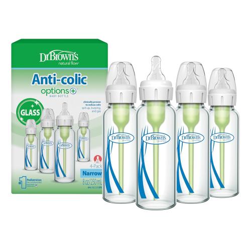 Dr. Brown's Anti-Colic Options  Narrow Glass Baby Bottle with Level 1 Slow Flow Nipple, BPA-Free, 8 oz/250 mL, 0m , 4-Pack (Packaging May Vary)