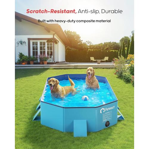 Peteast Foldable Dog Pool -  Hard Plastic Portable Pet Bath Tub with Non-Slip & Reinforced Stability, Collapsible Design for Indoor Outdoor Backyard Use (Blue)