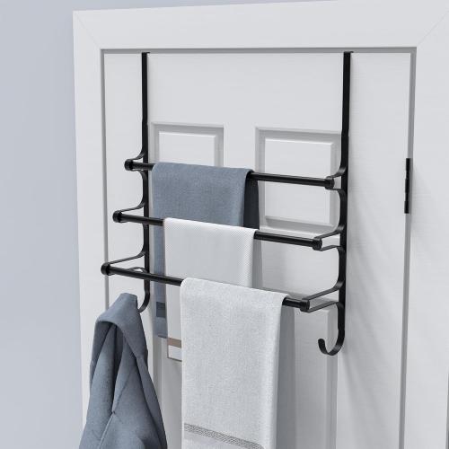 Over The Door Towel Rack, Extendable Triple Towel Storage Holder with Hooks, 24.02 Inches Towel Bar Hanger Towel Racks for Bathroom (Black)
