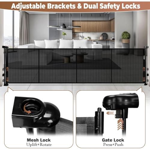 Black 200.1 x 35.1 Retractable Baby Gate Extra Wide, 35.1 Tall Retractable Dog Gate for Stairs, Doorways, Decks, Mesh Gate Long Child Gate Pet Gate for Indoor, Outdoor, with Reinforced Mesh Rods, Dual Locks