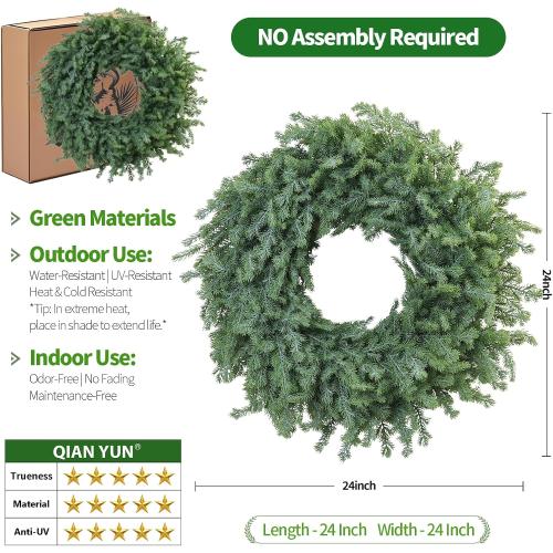 Outdoor Christmas Wreath – 24 Inch Artificial Cedar Wreath with Full Norfolk Pine Green Tips, Lush Wreath for Front Door, Walls, Windows, Porch, Farmhouse, Indoor Outdoor Holiday Decor