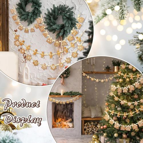 Youyole 3 Pcs Wooden Gingerbread Garland Banner LED Christmas Wooden Bead Gingerbread Man House Snowflake Decoration 5.9 ft Rustic Hanging Banner for Mantel Fireplace Holiday Room Wall Decoration