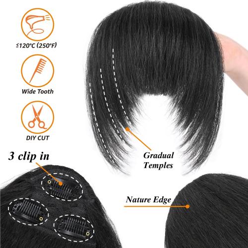 Yaki Straight Clip in Bangs with Temples for Black Women Natural Looking Synthetic Hair Fringe Hairpiece with 3 Secure Clips Kinky Straight Bangs Hair Extensions(Natural Black)