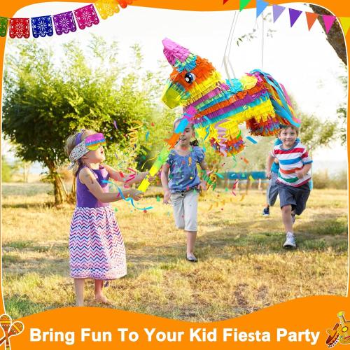 16 Cinco de Mayo Pinata, Large Rainbow Color Donkey Pinata 16 x 13 x 5.5 ln with Stick and Blindfold for Fiestas Mexican Party Decoration, Photo Prop, Taco Tuesday Event