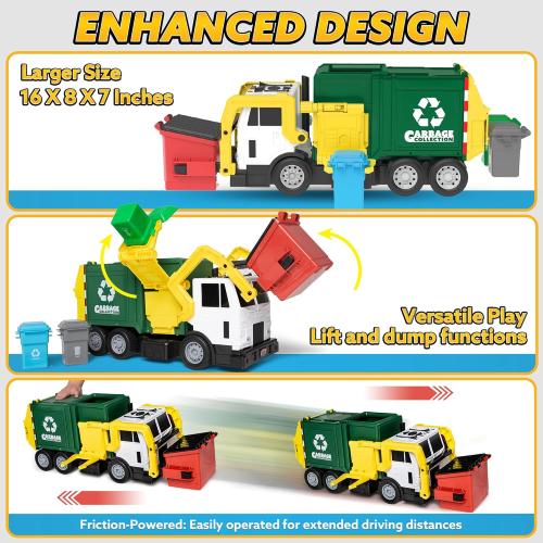JOYIN Large Friction Powered Garbage Truck Toy Set, Includes Dumpster, Trash Bins, and Learning Cards for Kids, Boy Toys Birthday Gift for Boys Girls Kids Toddler Gift for Christmas