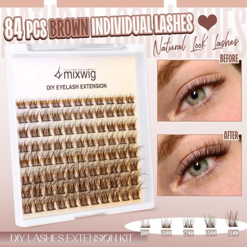 Brown Lashes Clusters Kit Natural Eyelash Extension CC-Curly Individual Lashes Kit with 8-16MM Brown Lash Clusters Lash Bond and Seal & Lash Applicator