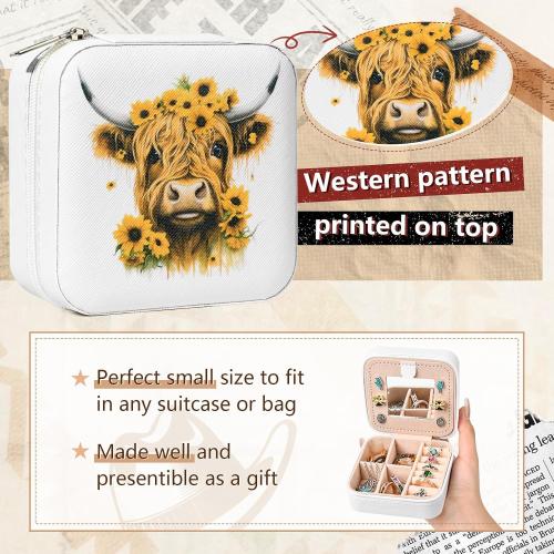 CEELGON Western Jewelry Box Case Gift Highland Cow Print Travel Jewelry Organizer Christmas Gifts for Teen Girls Cowgirl Stuff Small Portable Travel Accessories for Women (Sunflowers Highland Cow)