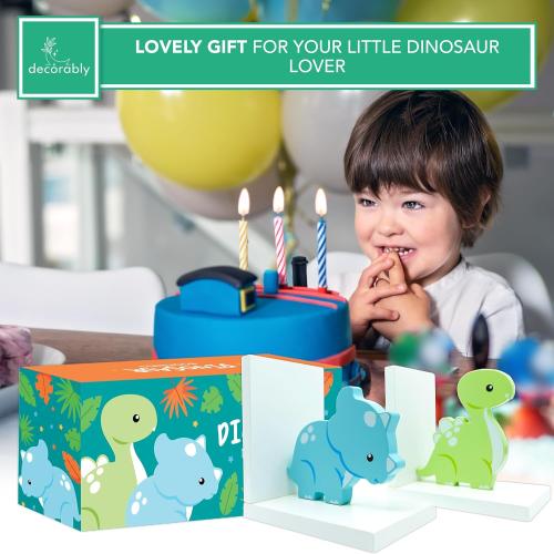 Decorably Dinosaur Book Ends for Shelves - 1 Set Non-Skid Wooden Dinosaur Book Holder, Kids Bookends for Shelves, Baby's Nursery, Classroom