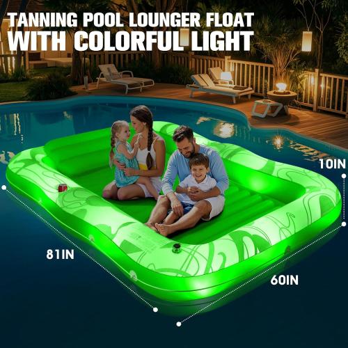 Inflatable Tanning Pool Lounger with Lights,81x 60 Large Tanning Floats for Adults, Swirls Pool Lounger Float,Blow Up Tanning Water Bed with Cup&Phone Holder,Adults Tanning Pools for Backyard
