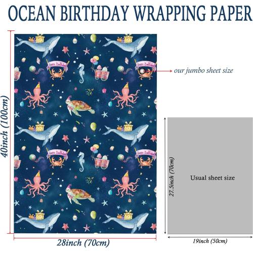 SaringSwoon Ocean Birthday Wrapping Paper for Boys Girls Kids - Navy Blue Gift Wrap with Whales, Octopus, Seahorse and Happy Birthday on Galaxy Design for B-Day Baby Shower - 40×28 Inches, 4 Sheets