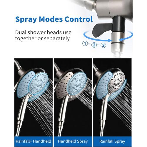 Shower Heads with Handheld Spray Combo: 7.2 Rainfall Shower Head & Handheld Shower Head 2-IN-1 Shower Head with 60 Rotatable Stainless Steel Hose Nickel, Shower Trim Systems