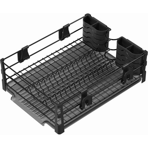 Simple Houseware Dish Drying Rack with Drainboard, Utensil Holder & Mug Hooks, Black Metal Kitchen Counter Organizer