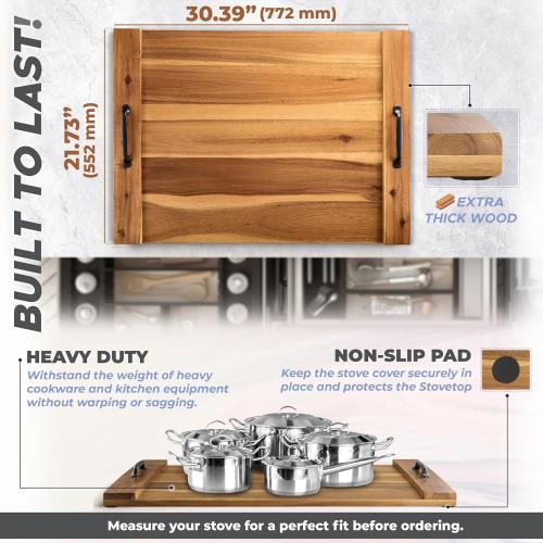 BLUEWEST Noodle Board Stove Cover, Acacia Wood Stove Top Board for Gas Burners and Electric Stove, Extra Thick Wooden RV Stovetop/Sink Cover - Tray for Kitchen Counter Space