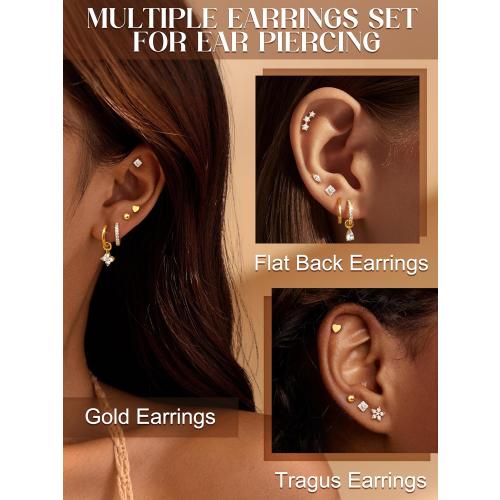 THUNARAZ 10Pairs Hypoallergenic Flat Back Earrings for Women, 14K Gold Plated Hoop Stud Earrings Set for Sensitive Ears Helix Tragus Cartilage Conch Earring for Multiple Piercings with Pendant