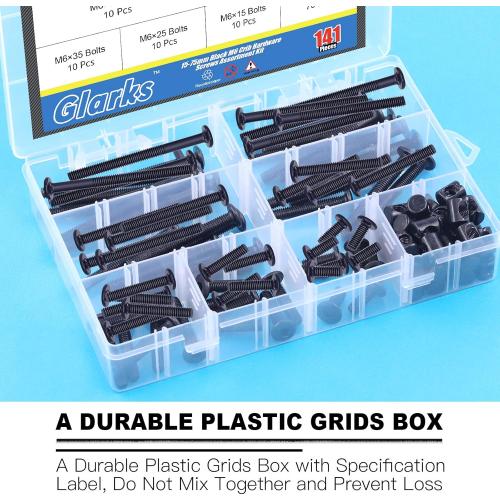 Glarks 141Pcs Baby Bed Crib Screws Hardware Replacement Kit, M6x15/ 25/35/ 45/55/ 65/ 75mm Black Hex Socket Cap Screws and Nuts Assortment Kit for Chair Table Cabinets Furniture