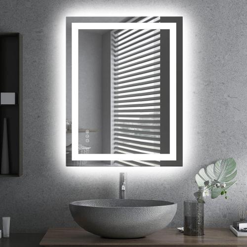 Amorho LED Bathroom Mirror 28x 36 with Front and Backlight, Stepless Dimmable Wall Mirrors with Anti-Fog, Shatter-Proof, Memory, 3 Colors, Double LED Vanity Mirror (Horizontal/Vertical)