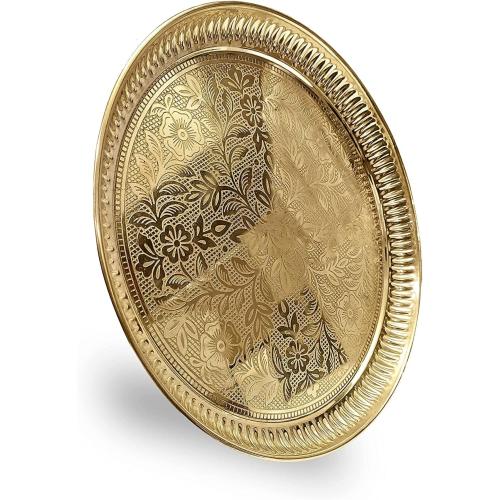 Craftsman 10 Inch Pure Brass Floral Design Pooja Aarti Thali Plate for Mandir, Temple, Indian Festival, Diwali, Aarti Platter for Prayer, Wedding Gift