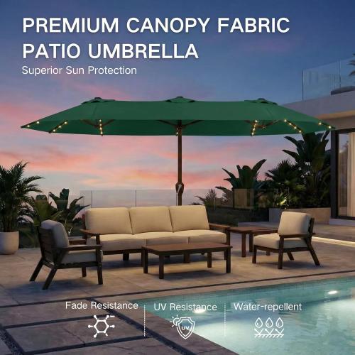 Kingdura 15ft Large Patio Umbrella with Solar Lights, Double-Sided Rectangle Outdoor Table Umbrella with Base Included, 12 Reinforced Ribs, 48 Led Lights, Crank Lift for Market Pool Deck, Dark green