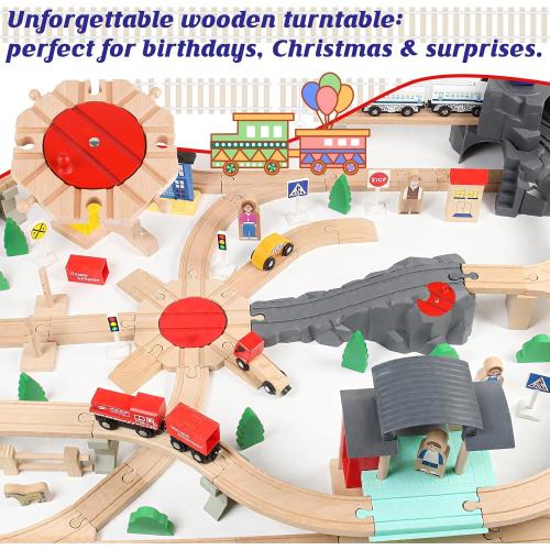 Wooden Train Track Expansion Pack 8 Way Turntable Brick Bridge Accessory Set Compatible for Tabletop Play, Toddler Activities and Family Fun(Wooden Train Track Turntable, Piece, 1)