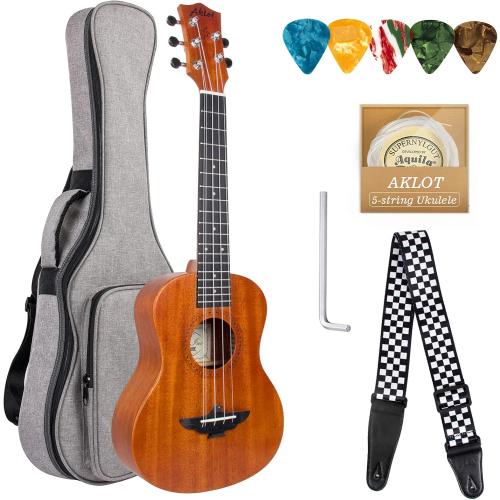 Color Grey AKLOT 5 Strings Ukulele,Tenor Ukelele 26 inch Solid Mahogany Uke with Gig Bag Belt Extra Strings Professionals
