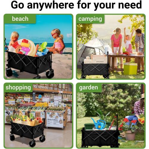 Black 400L Heavy Duty Folding Wagon Cart-450LBS Capacity All-Terrain Beach Cart with Big Wheels & Drink Holders-Push/Pull Utility Cart for Groceries, Camping, Sports, Shopping (Black)