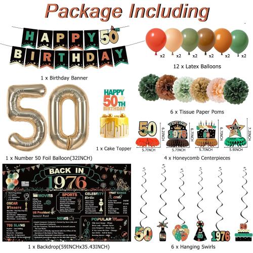 DARUNAXY Colorful 1976 50th Birthday Decorations for Men Women(32PC) | Back in 1976 Banner, 50 Number Balloons & Cake Topper, Vintage 1976 50 Year Old Birthday Honeycomb Hanging Swirl Supplies