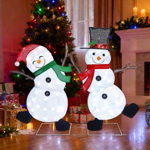 Lulu Home 2-Pack Lighted Christmas Snowman Decorations, 3.1 2.5FT Outdoor Snowmen with 70 LEDs White Lights, 2D Plug-in Snowman Holiday Yard Decor with Scarves for Lawn Garden Party