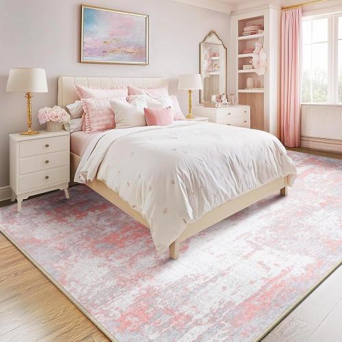 Washable Area Rugs Size  5'x7 Color pink ' Non-Slip Modern Abstract Soft for Living Room Entryway Bedroom Nursery, Print Pattern, Grey Pink