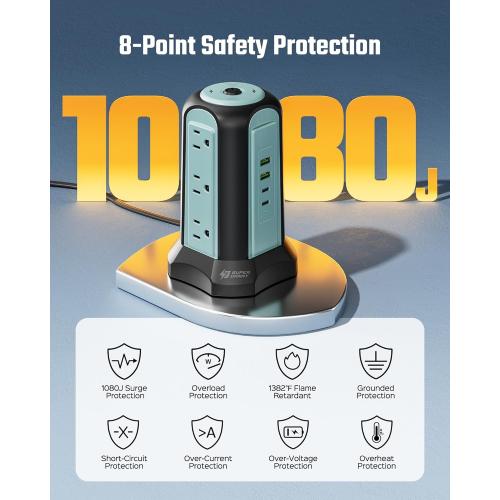 Power Strip Tower Wireless Charger, SUPERDANNY Surge Protector Tower, 10A 1080J Charger Station with 9 Outlets & 4 USB Ports, Extension Cord 10ft for Laptop Phone Black and Blue