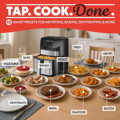 Gourmia Air Fryer - 7 Qt Large Capacity, FryForce360º, Digital Display with 10 Presets, Roast, Bake, Broil, Dehydrate, Dishwasher Safe Accessories, Black