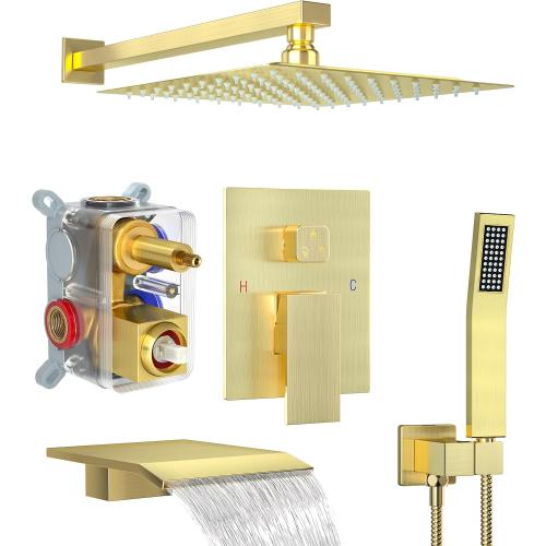 Shower System with Tub Spout, Shower Faucet Set with 10 Inch Rain Showerhead Handheld Shower Tub Spout, Wall Mounted High-Pressure Showerhead Combo Set Included Valve and Trim, Brushed Gold