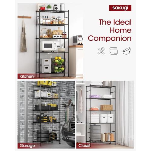 Sakugi Storage Shelves - 5 Tier Shelf Organizer, Heavy Duty Garage Shelving Unit with Leveling Feet, Stable Metal Shelves Organizer for Pantry, Kitchen and Closet, 33.0 W x 12.6 D x 72.0 H, Black