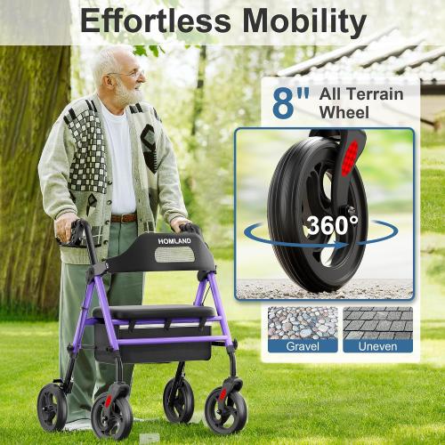 HOMLAND Foldable Rollator Walker with Seat for Seniors, 16 Enlarged Seat | 8 Big Wheels, 16×12x1.9 Thick Padded Seat, Adjustable Seat & Handle Height, Tool-Free Assembly, All Terrain Mobility Aid