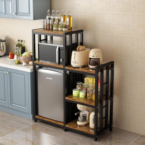 Kitchen Bakers Rack, 4-Tier 3-Tier Workstation Organizer Shelf, Free Standing Kitchen Utility Cart Storage Shelf Organizer Utility Microwave Stands Storage for Spice（Rustic Brown）