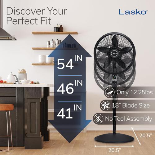 Lasko Oscillating Cyclone Pedestal Fan, Adjustable Height, Timer, Remote Control, 3 Speeds, for Bedroom, Living Room, Home Office, 18, Black, 1843