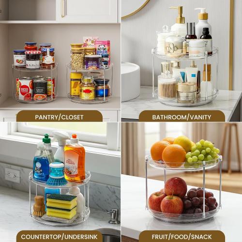 2 Set 2 Tier Non-Skid Acrylic Lazy Susan Turntable Organizer - Rotating Spice Rack - Spinning Organization for Kitchen, Pantry, Countertop, Closet, Bathroom, Vanity, Medicine Cabinet Organizing,9.25''