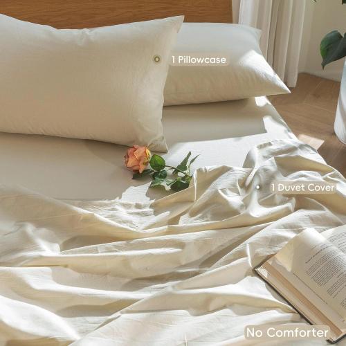 MooMee Bedding Duvet Cover Set 100% Washed Cotton Linen Like Textured Breathable Durable Soft Comfy (Heathered Almond Milk Grey, Twin 68x90)