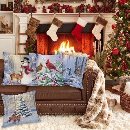 ARESD Christmas Pillow Covers 20x20 Set of 4, Winter Snowman Cushion Covers Xmas Throw Pillow Cases Christmas Pillowcases Home Decor for Sofa Couch Bed (Snowman Deer)