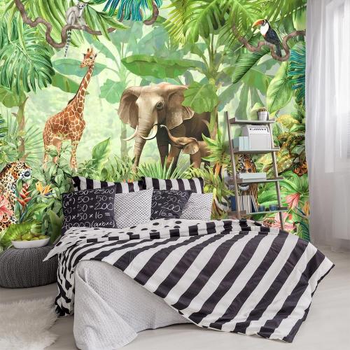 -Green Rainforest Plants Animals Tiger Cloth Wallpaper Jungle Plants Banana Leaves Boys Girls Kindergarten Children's Room Large Mural- 91x65（ not Peel and Stick）
