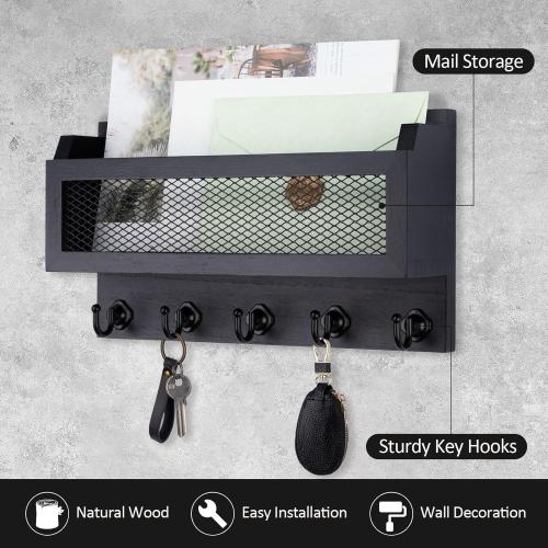 Nekon Mail and Key Holder for Wall Decorative, 11 Inch Wooden Wall Key Organizer with 5 Key Hooks, Wall Mount Storage Shelf for Entryway Hallway (Black)