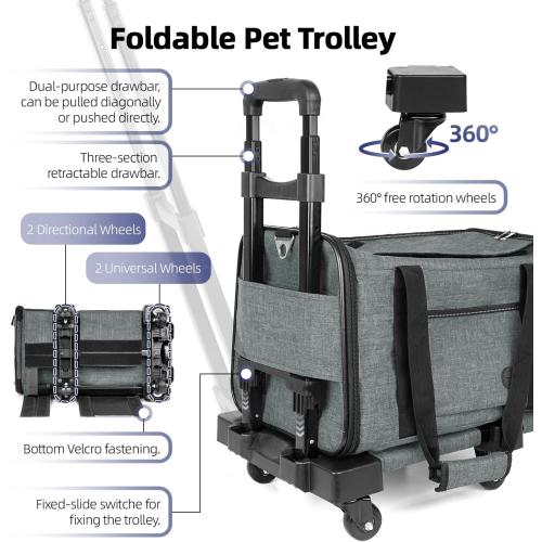 YUDODO 25lbs Large Cat Carrier with Wheels Lightproof Airline Approved Dog Carrier for Small Dog Detachable Rolling Pet Carrier for Traveling Groomers Vet Visits(Gray-Green)