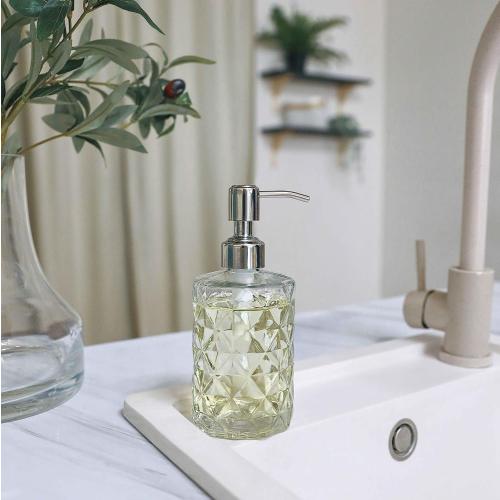 JASAI 2Pack Diamond Embossed Glass Soap Dispenser with 304 Rustproof Stainless Steel Pump, 12 OZ Bathroom soap Dispenser with A Wooden Tag, Elegant Hand Soap Dispenser for Bathroom & Kitchen